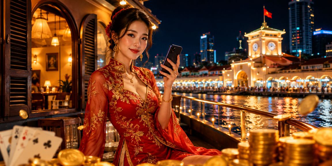 Cảnh cá cược trực tuyến sôi động với đồ họa casino và bóng đá Việt Nam